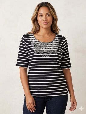 Rafaella Black and White Knit Striped Embroidered Scoop Neck Top Plus Sz XXL